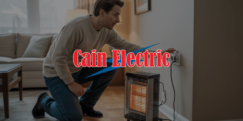 Missouri homeowner touching warm wall outlet after running space heater in Washington MO home indicating potential overloaded circuit