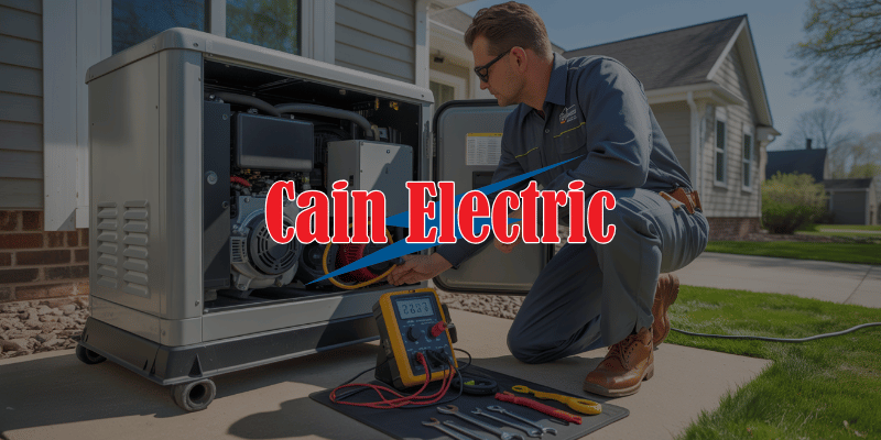 Technician performing scheduled maintenance on a whole-home backup generator beside a Missouri house