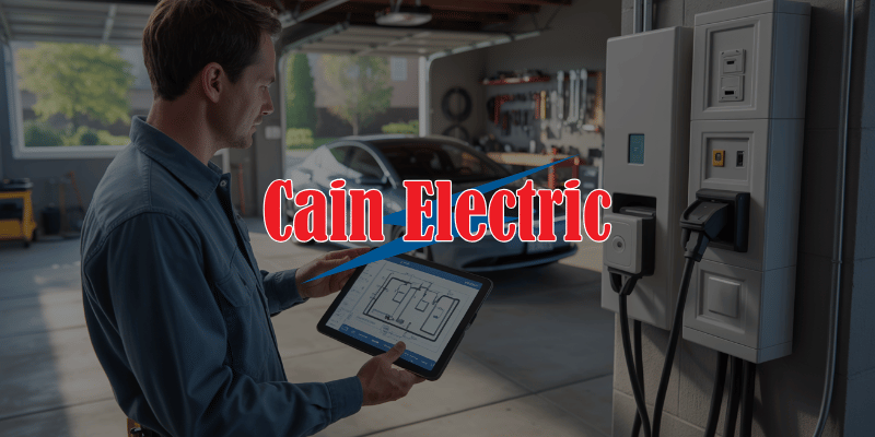 Electrician evaluating a garage panel and charger location during an EV charger site visit at a Missouri home