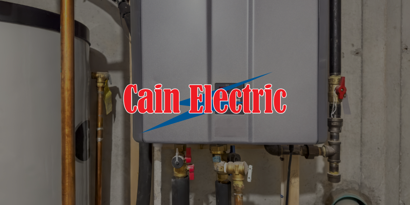 a tankless water heater against a concrete wall