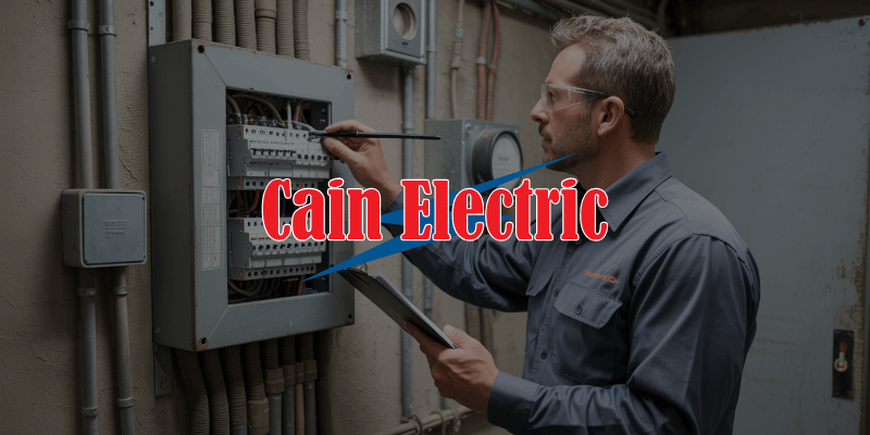 Commercial electrician reviewing an older business electrical panel during planning for a full retrofit in Missouri